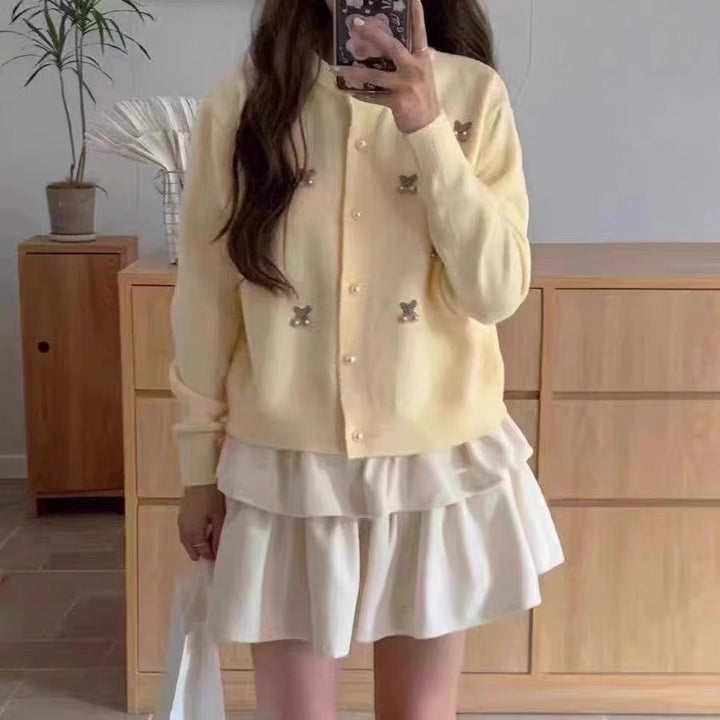 Ladies fashion cardigan with bear appliqués and button details Lune London