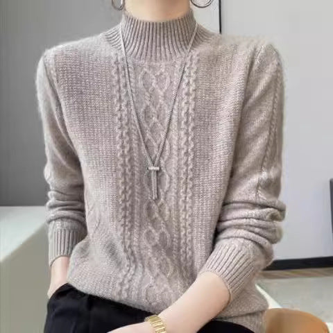 Womens knitted sweater with an elegant cable pattern and a high closed collar Lune London