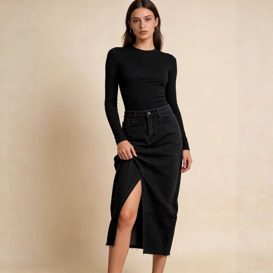 Women's Midi Denim Skirt with High Slit and Fringed Hem Lune London