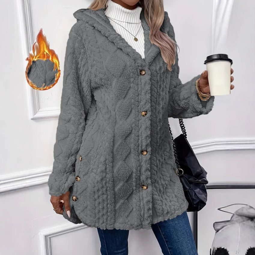 Ladies oversized cozy coat with hood and button placket Lune London