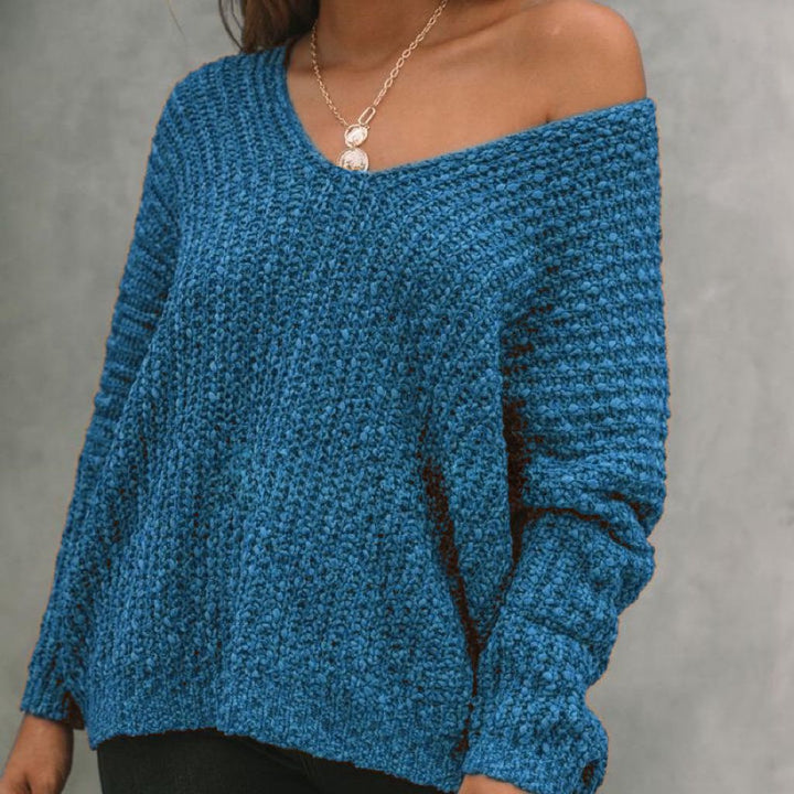 Casual knitted sweater for women with a wide V-neckline and off-the-shoulder style Lune London