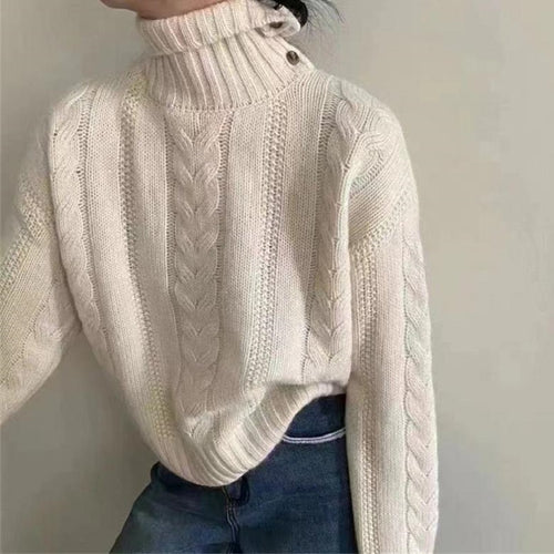 Chunky knit sweater for women with high collar and button details Lune London