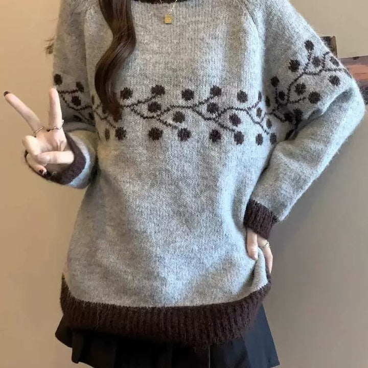 Pull doux en tricot pour femmes avec motif floral et détails en dentelle contrastés