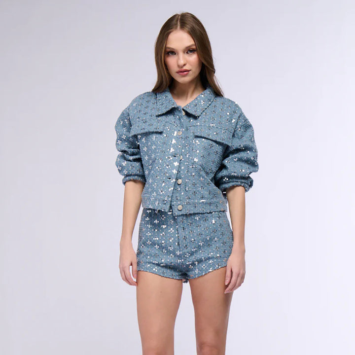 Cropped denim jacket for women with sparkling star pattern and matching shorts Lune London
