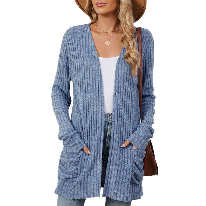 Ladies casual knit jacket with ribbed texture and practical pockets Lune London