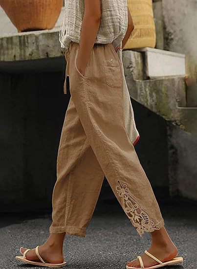 Airy linen trousers for ladies with decorative embroidery Lune London