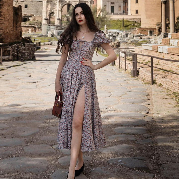 Women’s romantic maxi dress with elastic puff sleeves and delicate floral print Lune London
