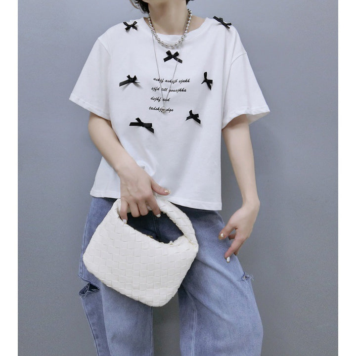 Ladies stylish graphic T-shirt with chic knot accents