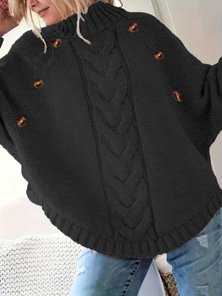 Ladies chunky knit sweater with high collar and button details Lune London