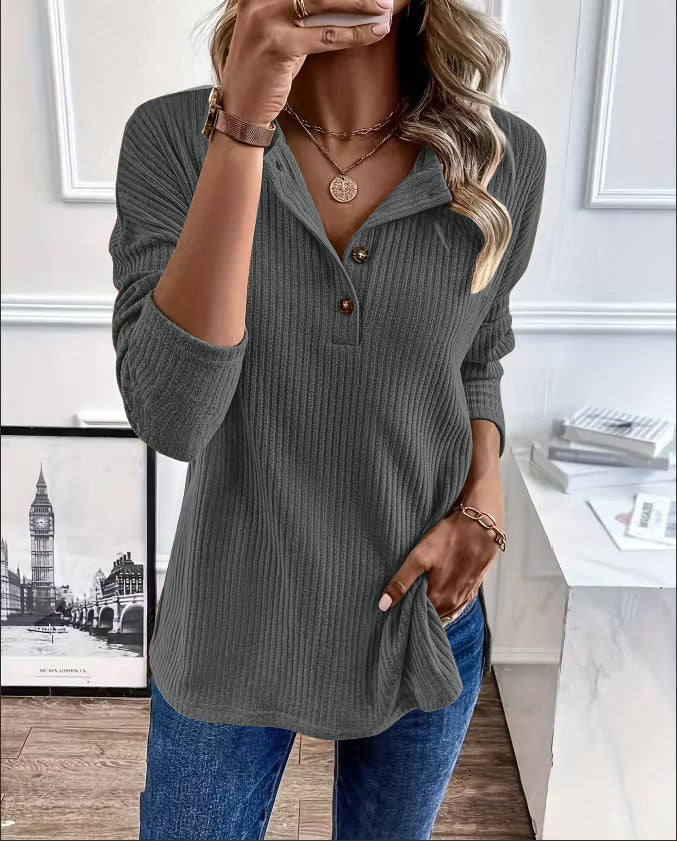 Lune London women's ribbed leisure sweater with button placket and 3/4 sleeves