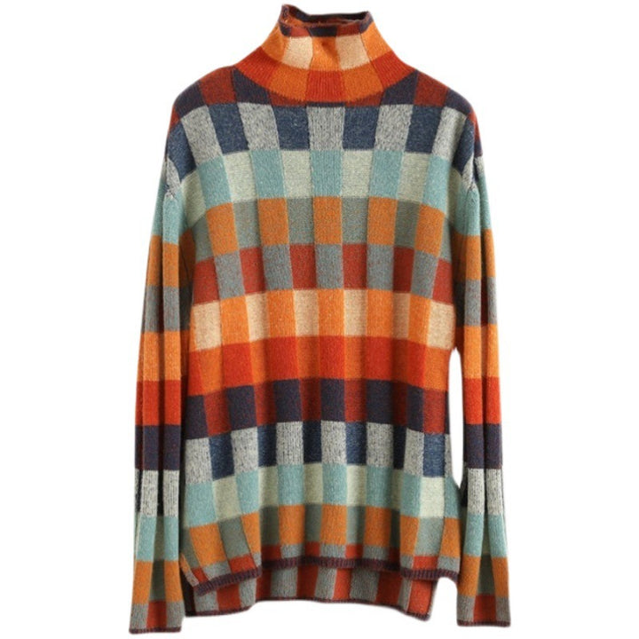 Pull en tricot pour femmes avec un motif à carreaux moderne et un col haut Lune London