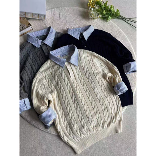 Knitted sweater for women with decorative braided pattern and high collar Lune London