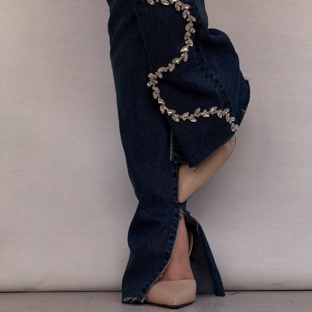 Bootcut jeans for women with glitter applications and frayed edges Lune London