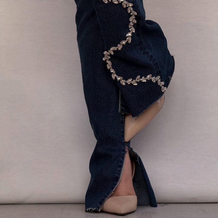 Bootcut jeans for women with glitter applications and frayed edges Lune London