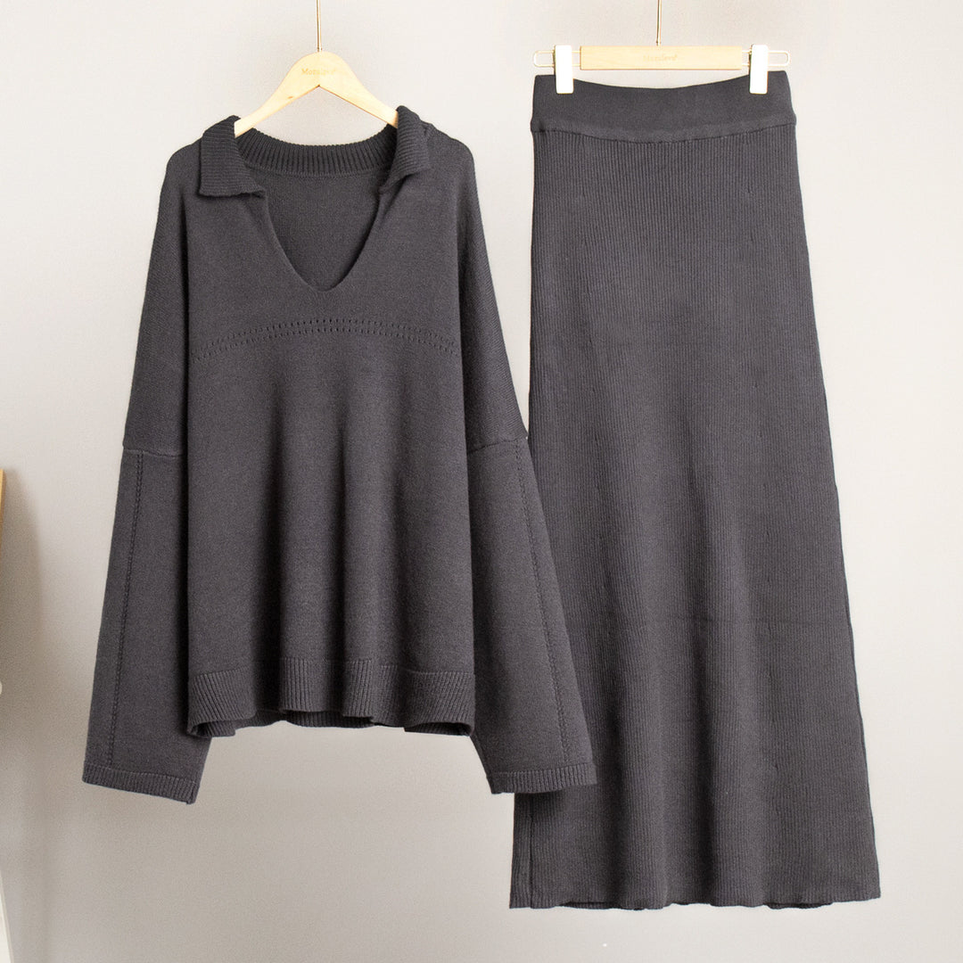 Modest knit set for ladies with a loose fit and deep V-neck Lune London