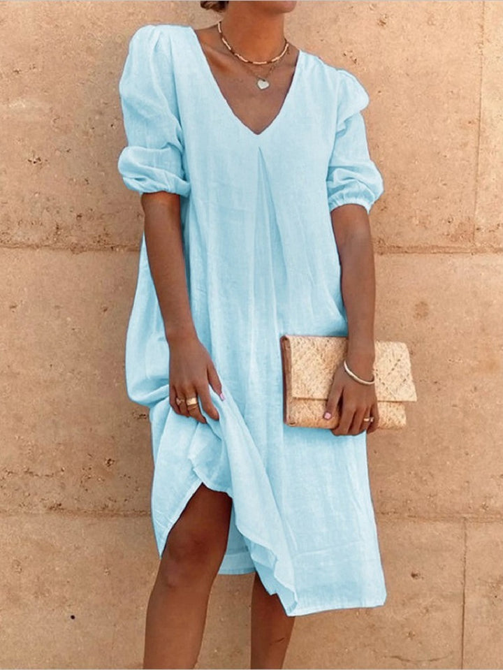 Casual linen dress for women with V-neck and puff sleeves Lune London