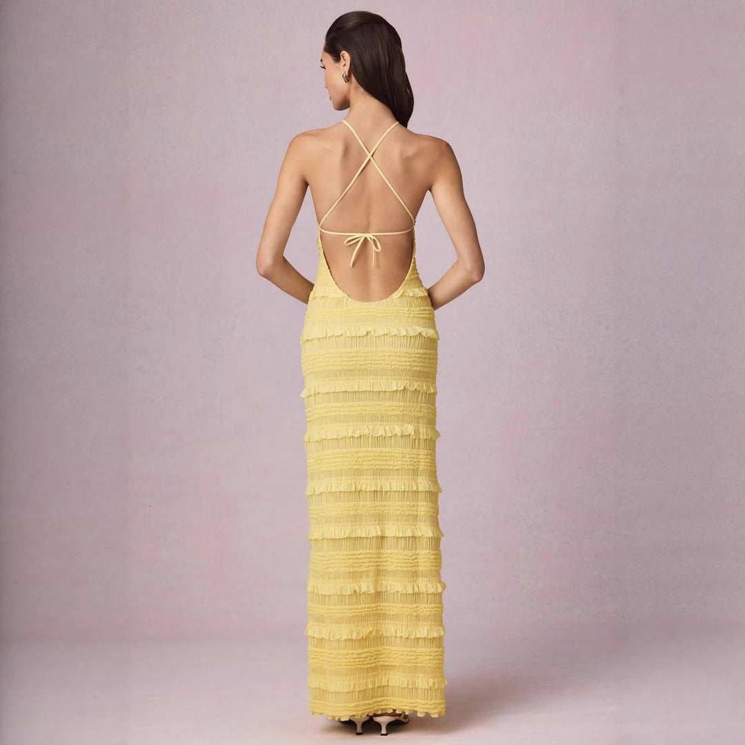 Ladies Maxi Dress with fringed design and elegant halterneck Lune London