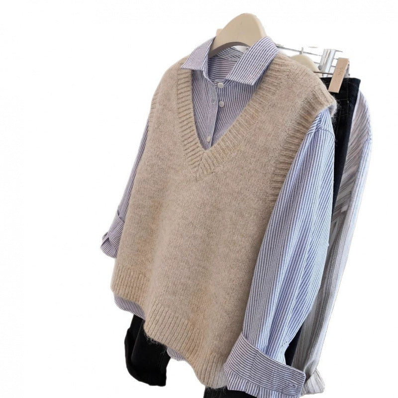 Pull en tricot à col en V stylé pour femmes avec superposition en denim décontractée
