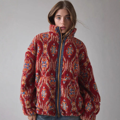 Dames veste en polaire douillette avec motif coloré et col montant Chic & Stil