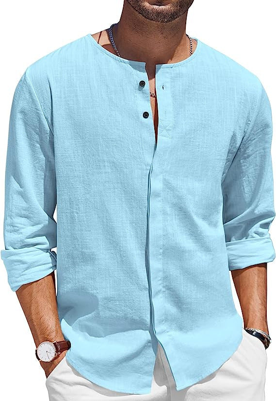 Linen shirt for men with a casual stand-up collar and button placket Lune London