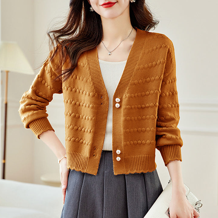 Ladies comfortable knit jacket with pearl adorned buttons and structured design Lune London