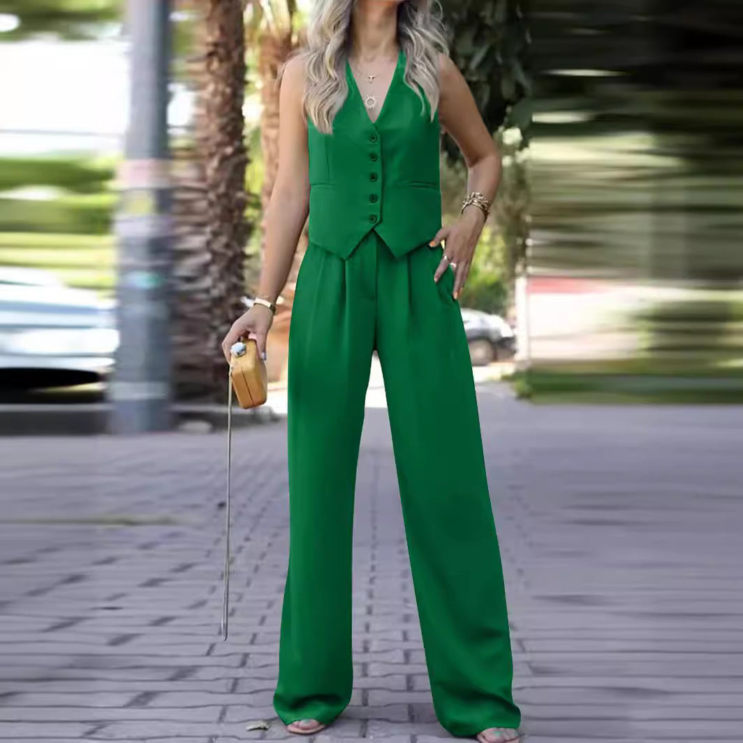 Lune London | Sleeveless V-neck Vest with Wide Leg Pants Ensemble