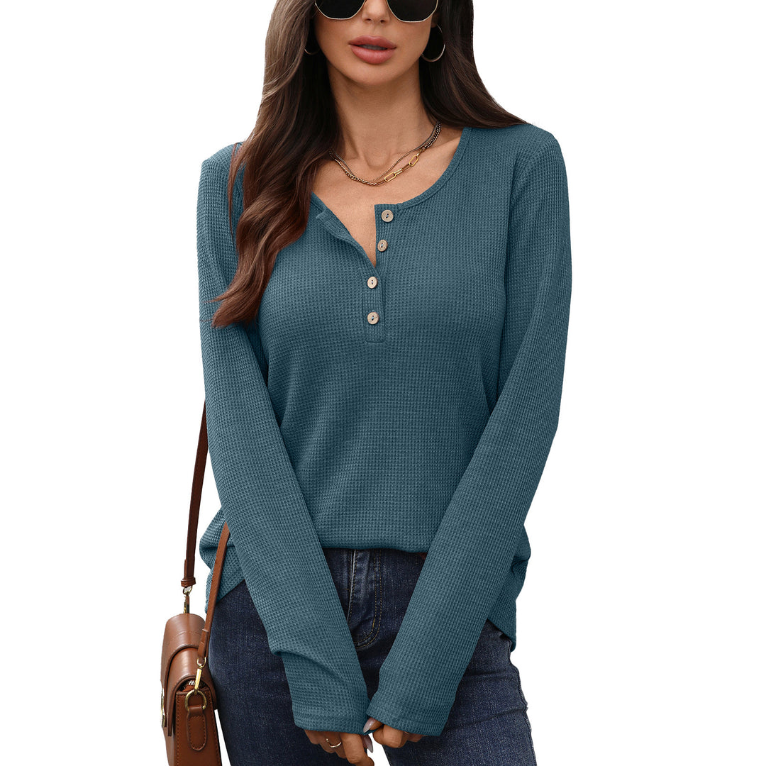 Long sleeve waffle knit t-shirt for women with button placket Lune London