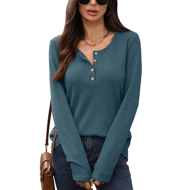 Long sleeve waffle knit t-shirt for women with button placket Lune London