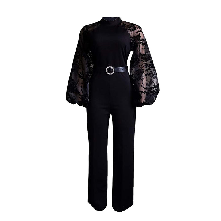 Ladies Elegant Jumpsuit with Sheer Sleeves and a Fitted Belt Lune London