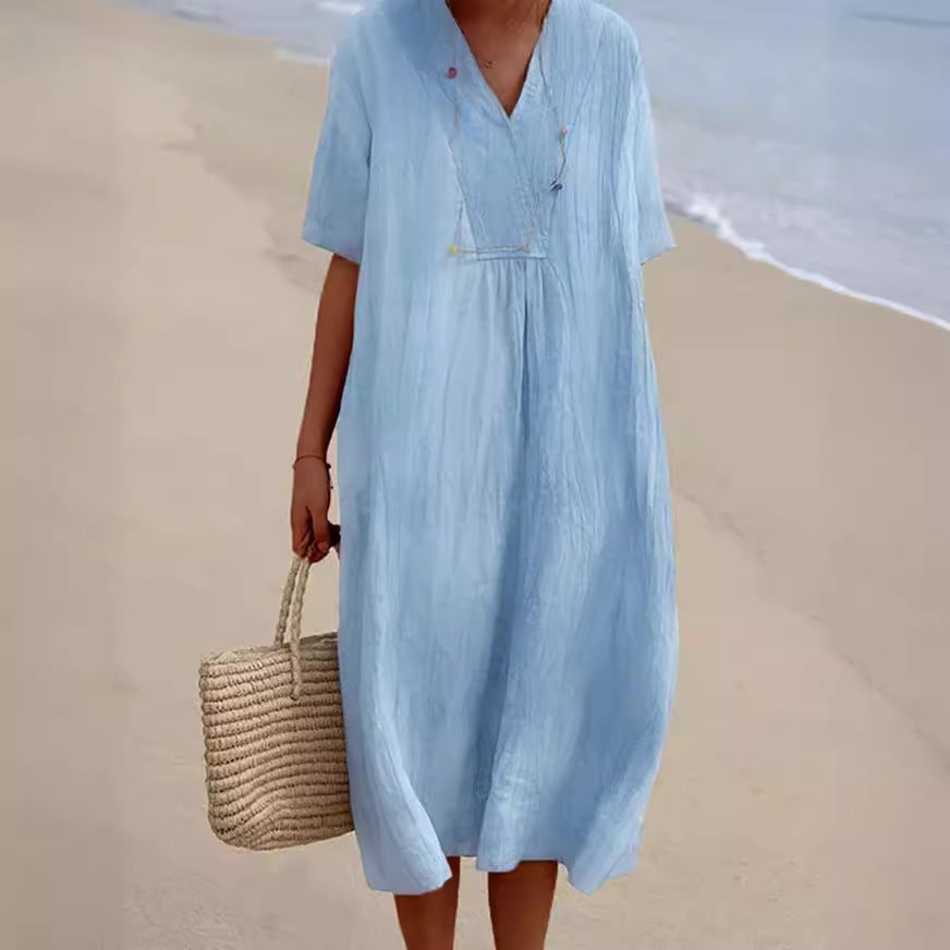 Casual beach dress for women with V-neck and wide hem Lune London