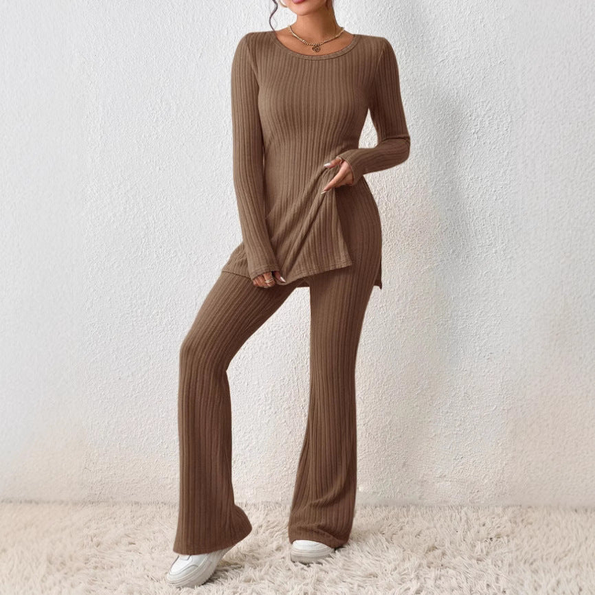 Lune London finely ribbed loungewear set for women with long sleeves and flared legs