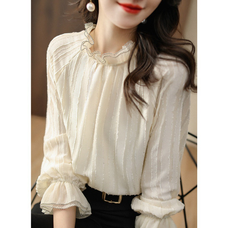 Ruffled high neck blouse for women with sheer sleeve details Lune London
