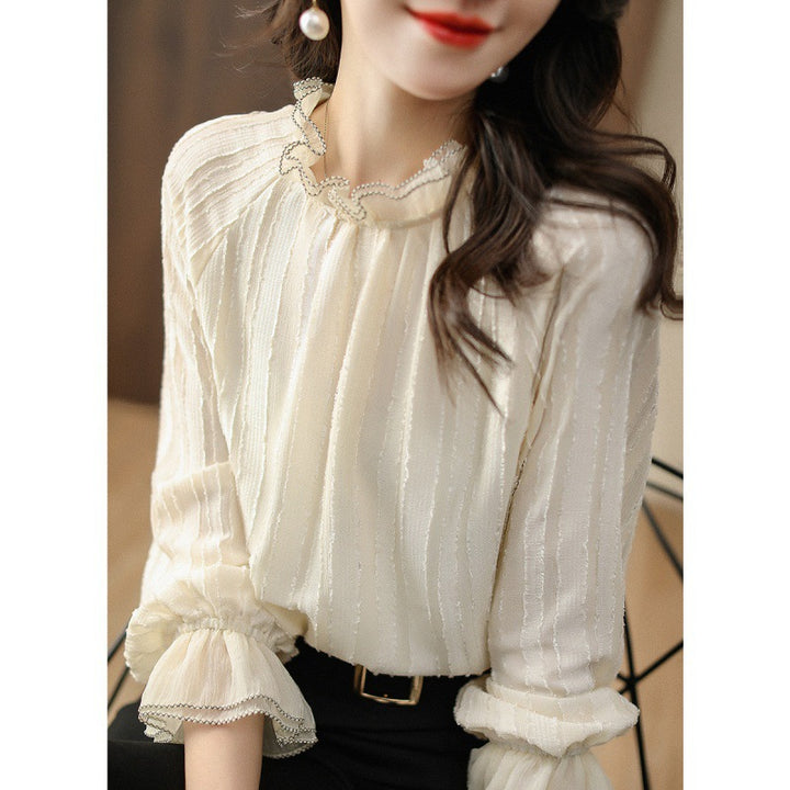Ruffled high neck blouse for women with sheer sleeve details Lune London