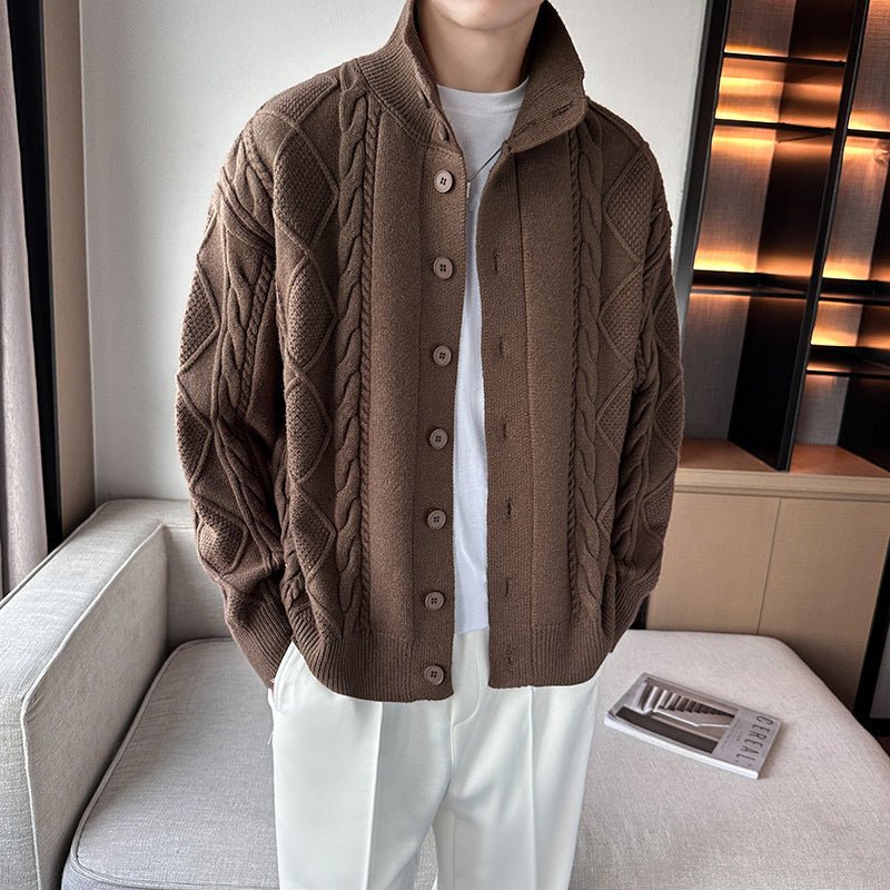 Chunky knit sweater for men with modern high collar and button placket Lune London