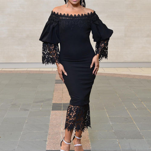 Off-shoulder dress for women with lace sleeves and asymmetrical hem Lune London