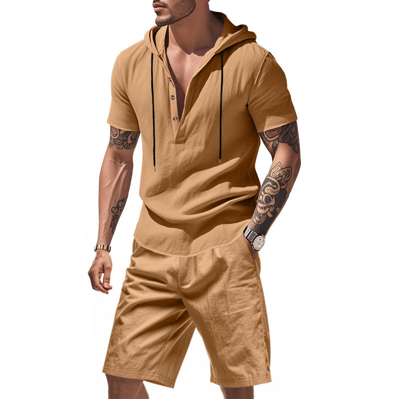 Men's Long Sleeve Casual Top with Button Placket and Chic and Stylish Shorts