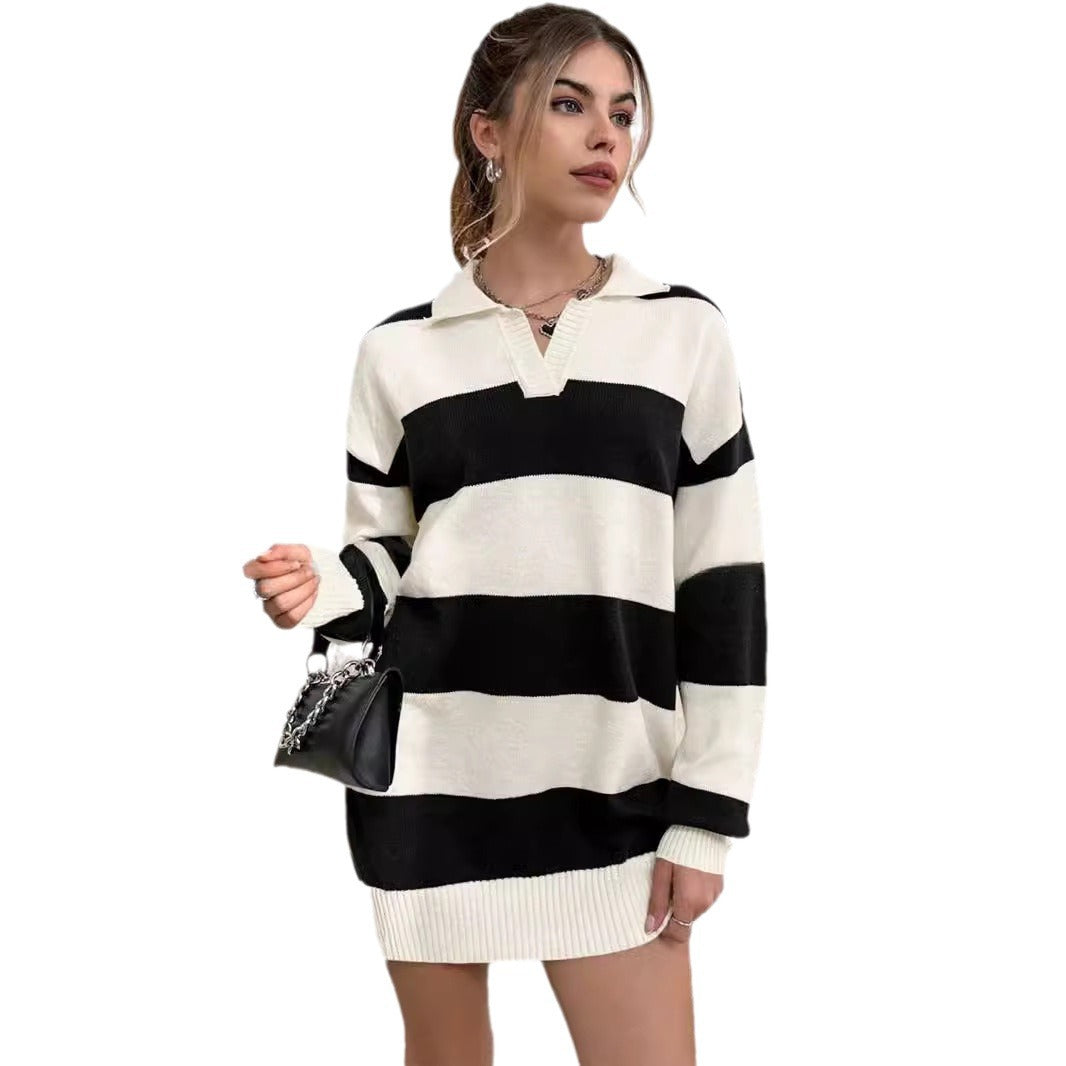 Sweater dress for women with modern striped pattern and detail-rich button placket Lune London