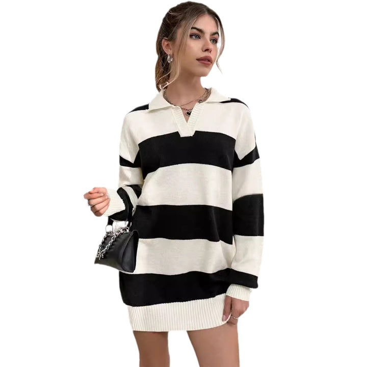 Sweater dress for women with modern striped pattern and detail-rich button placket Lune London