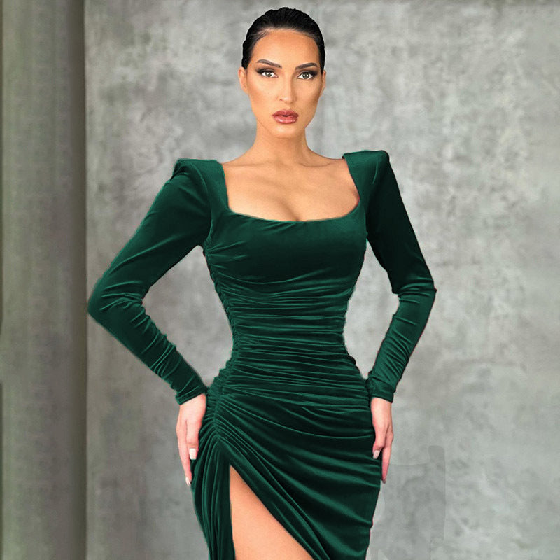 Elegant stretch dress for women with asymmetrical slit and long sleeves Lune London