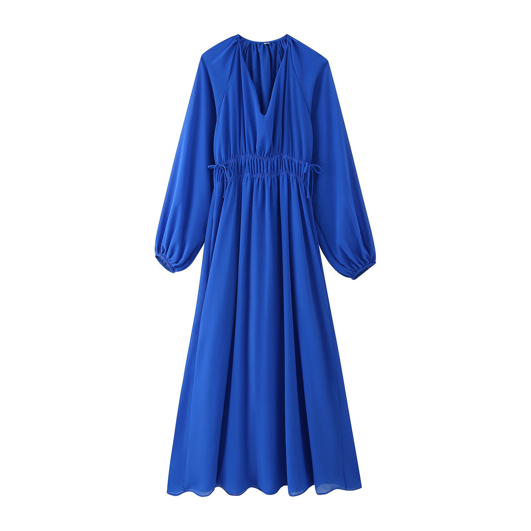 Maxi dress for women with an elegant draped effect and feminine ruffles Lune London
