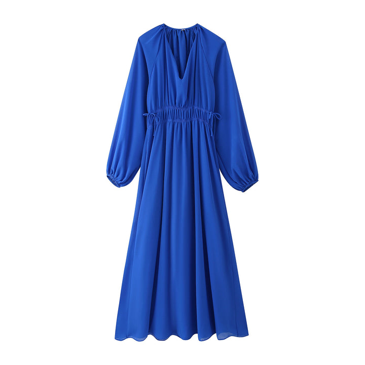Maxi dress for women with an elegant draped effect and feminine ruffles Lune London