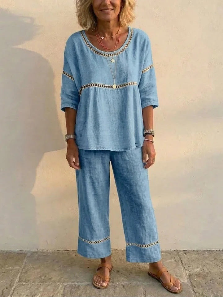 Women's Complete Loungewear Set Made of Linen with Airy Fit and Lace Details Chic & Stil