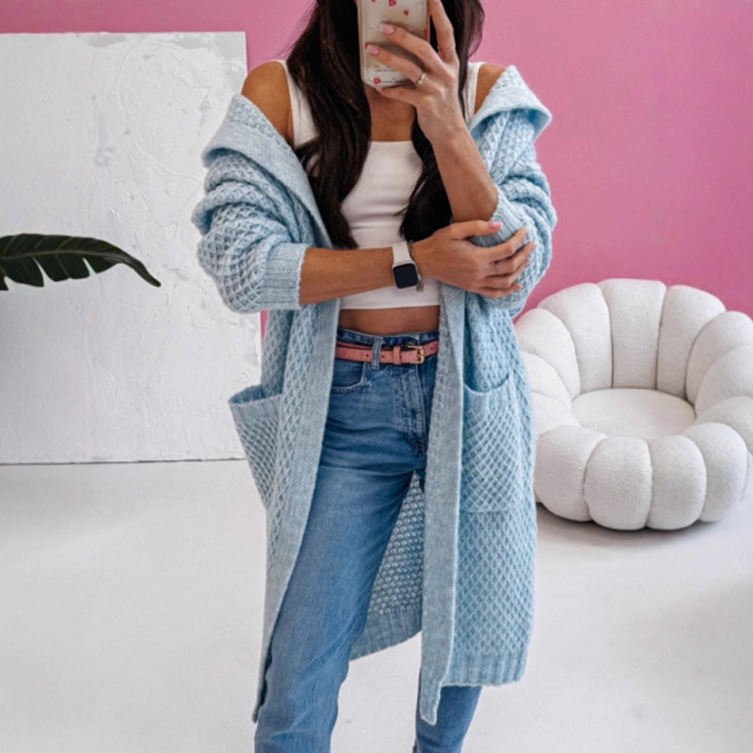 Knitted coat for women with a breathable mesh structure and practical pockets Lune London