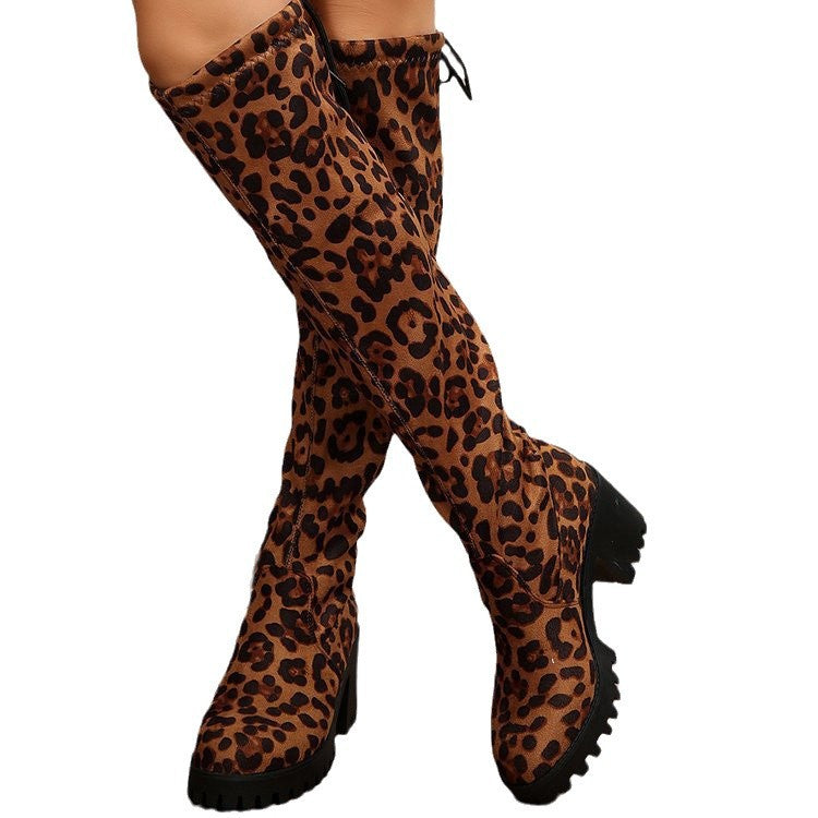 Knee-high boots for women with a stylish leopard print and a chunky block heel Lune London
