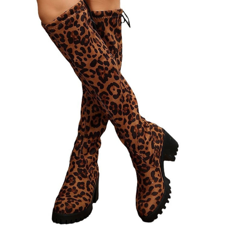 Knee-high boots for women with a stylish leopard print and a chunky block heel Lune London