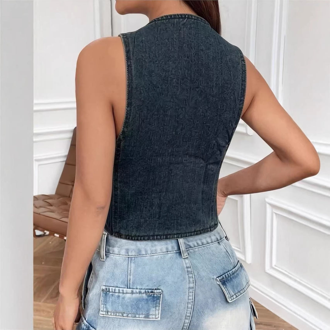 Women's sleeveless denim vest with patch pockets and deep V-neck Lune London