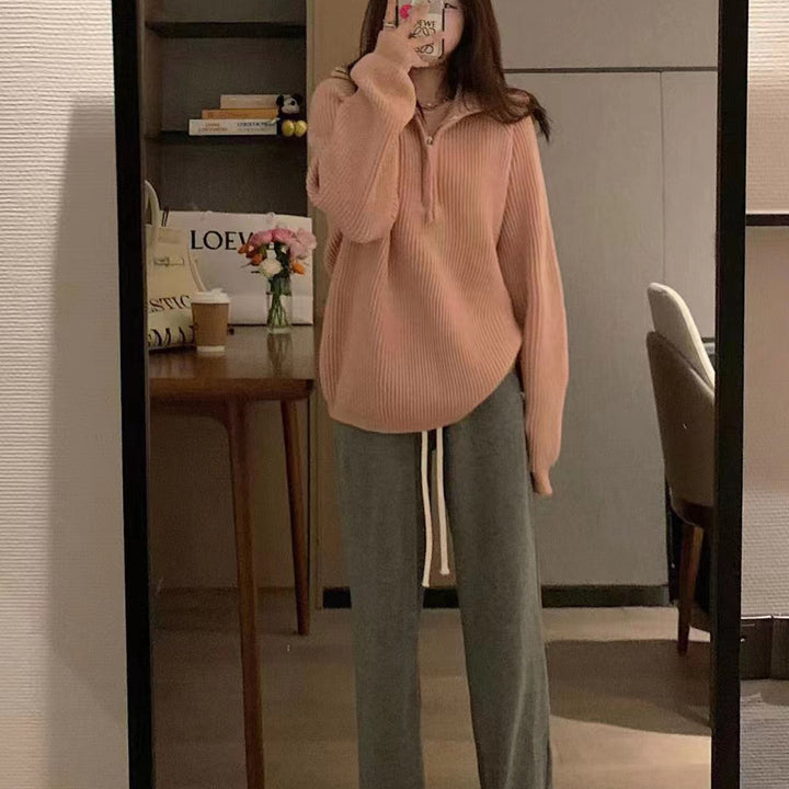 Ladies light knit sweater with high collar and decorative zipper Lune London