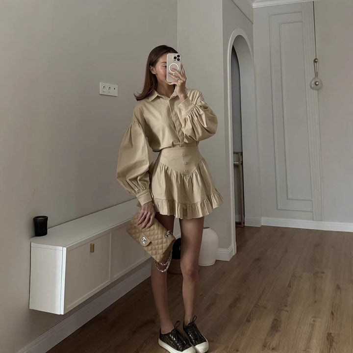 Women's set consisting of an elegant puff sleeve blouse and a flared skirt Lune London