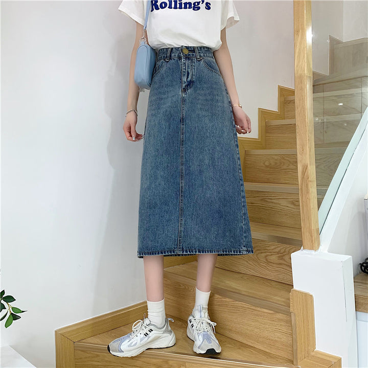 Jupe en jean longue pour femmes avec découpe haute et coutures décoratives Chic & Stil