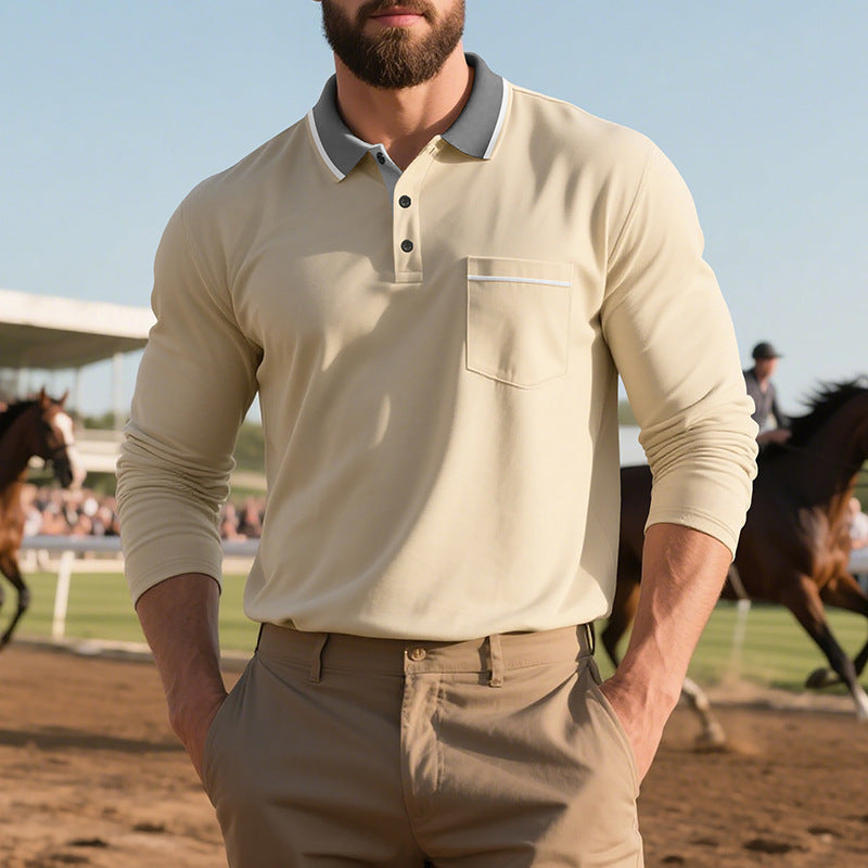 Men's long-sleeved polo shirt with elegant button placket and practical chest pocket Lune London